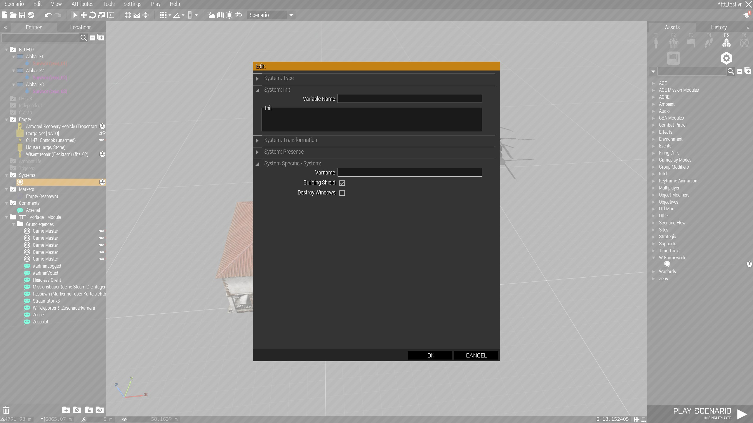 "3DEN-Editor-Attribute mit den Optionen für das Building-Shield"